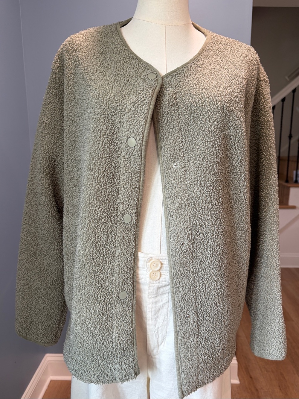 Joie Olive Sherpa Fleece Snap Front Jacket Medium Teddy Boucle Cardigan Coat